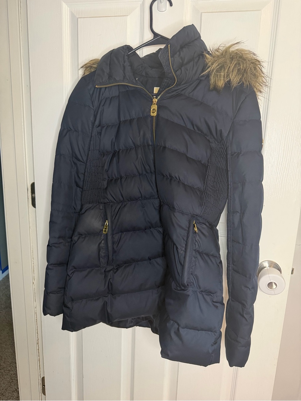 Michael Kors Navy Blue Quilted Puffer Coat with Faux Fur Trim